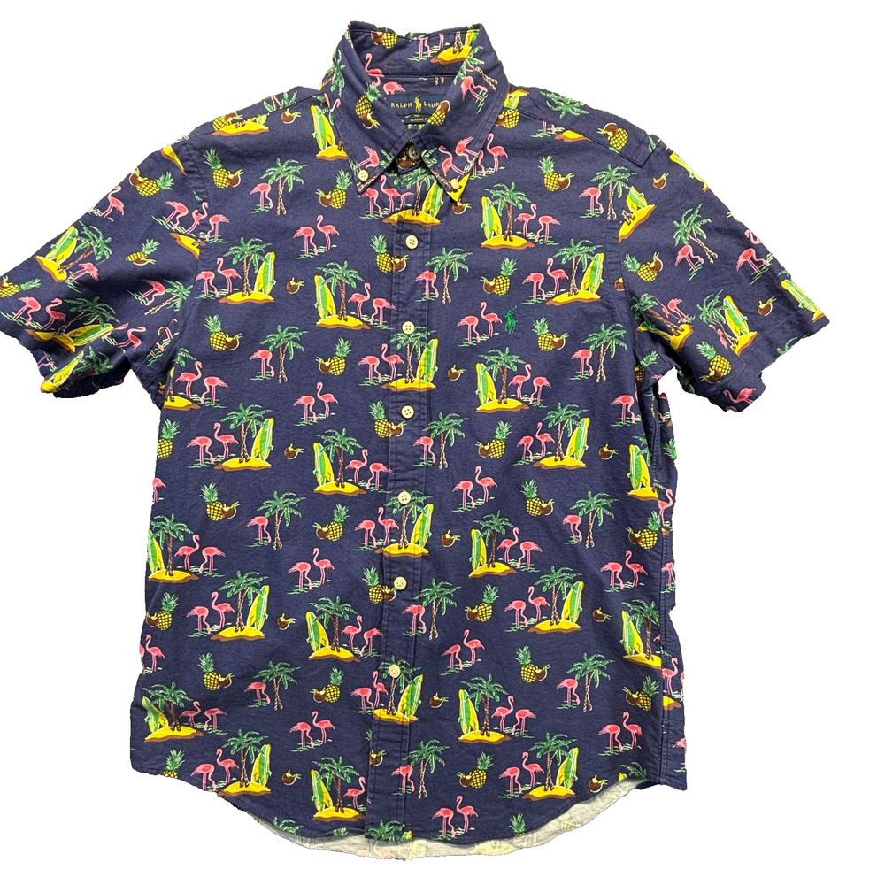 Polo Ralph Lauren Oxford Shirt Men's S Navy Flamingo Tropical Print Classic Fit